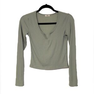 Mint Green Ribbed Long Sleeve V-Neck Top